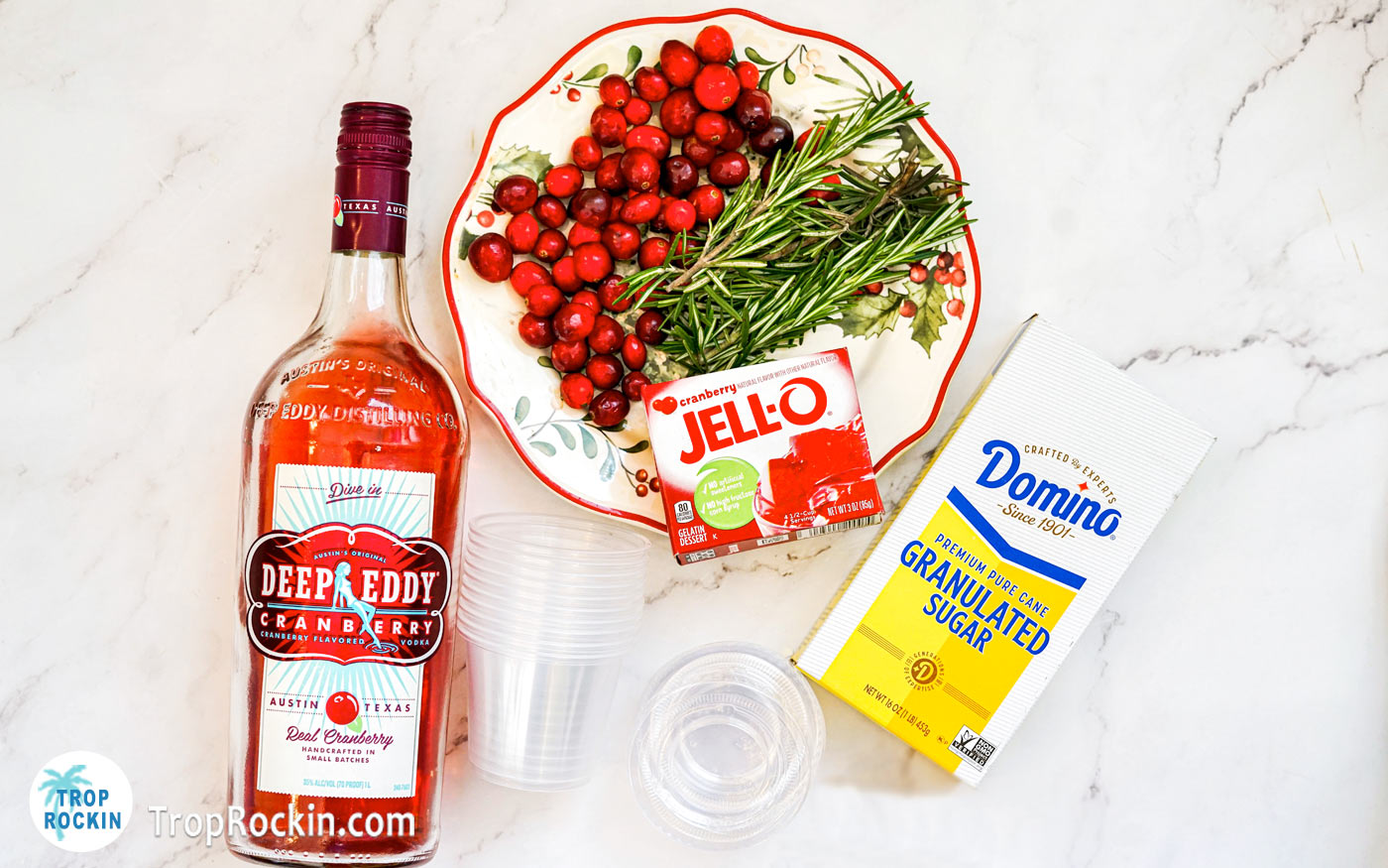 Cranberry Jello Shot ingredients displayed on counter top.