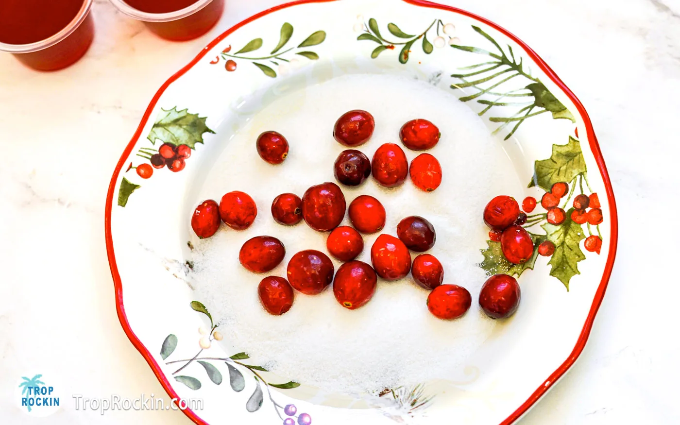 Christmas plate with sugar and fresh cranberries.