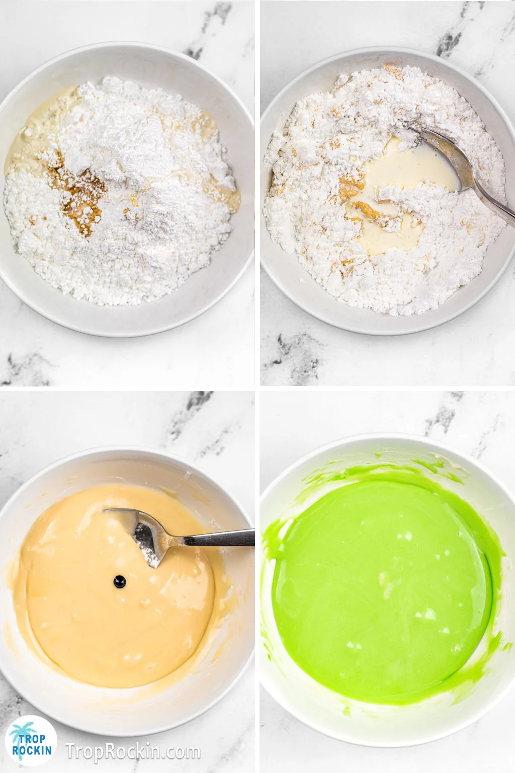 Four photo collage. Top left is all ingredients (minus good coloring) in a bowl. Top right is the beginning of mixing the ingredients with a spoon. Bottom left is fully mixed with 3 drops of food coloring. Bottom right is mixed together and is now a green filling.