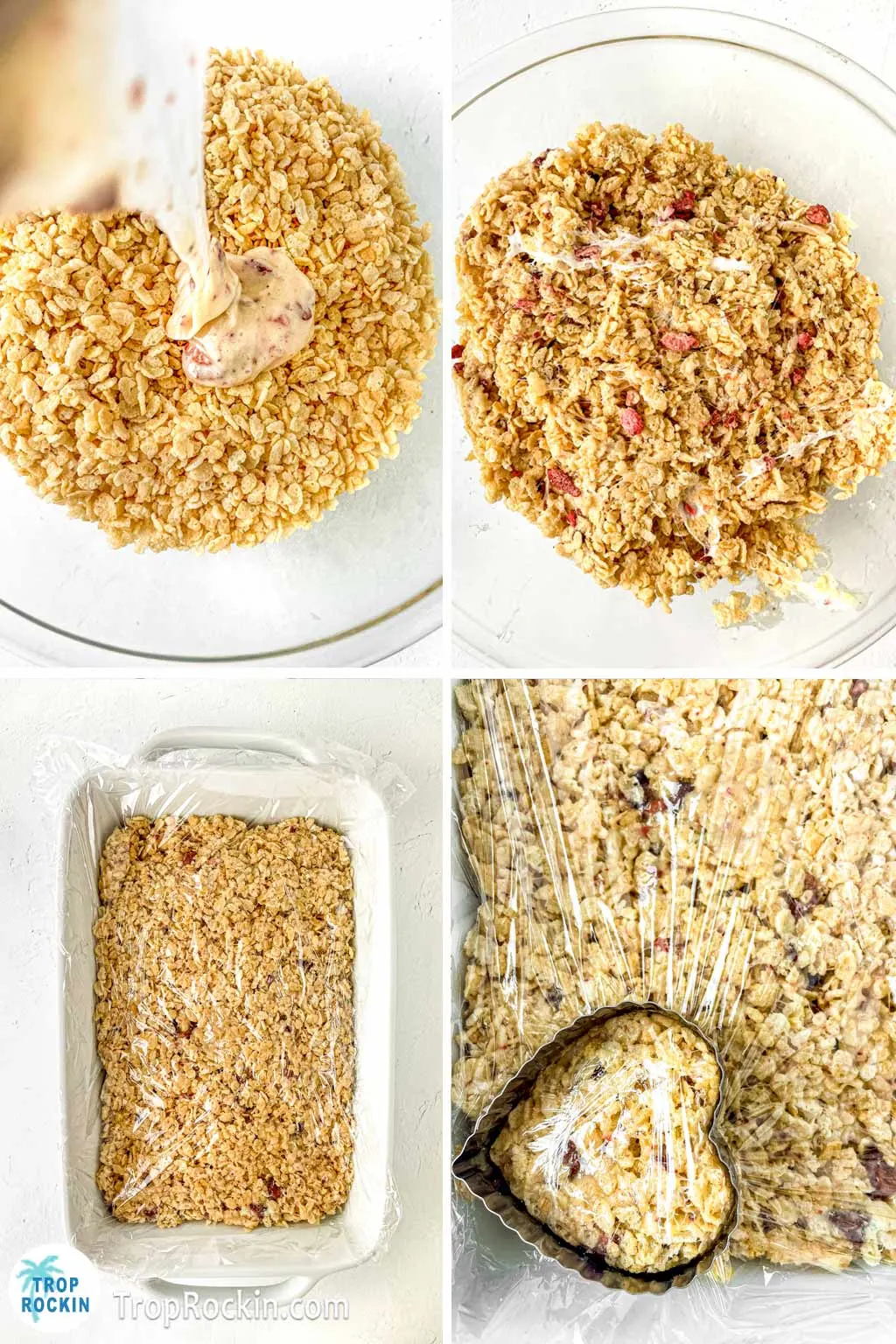 Four photo collage making rice krispie cereal treats. Top Right photo is pouring the melted marshmallow mixture over a large bowl of ricke krispies, Top left is completely mixed together rice krispies and marshmallow mixture. Bottom left is mixture evenly patted down in a 9x13 inch baking pan. Bottom right is added plastic wrap over the rice krispie treats with a heart cookie cutter on top ready to push down to make the heart shaped treats.