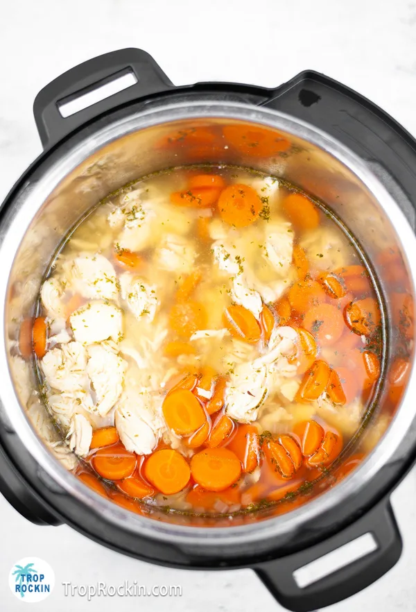 Top view of soup in the instant pot with added carrots.