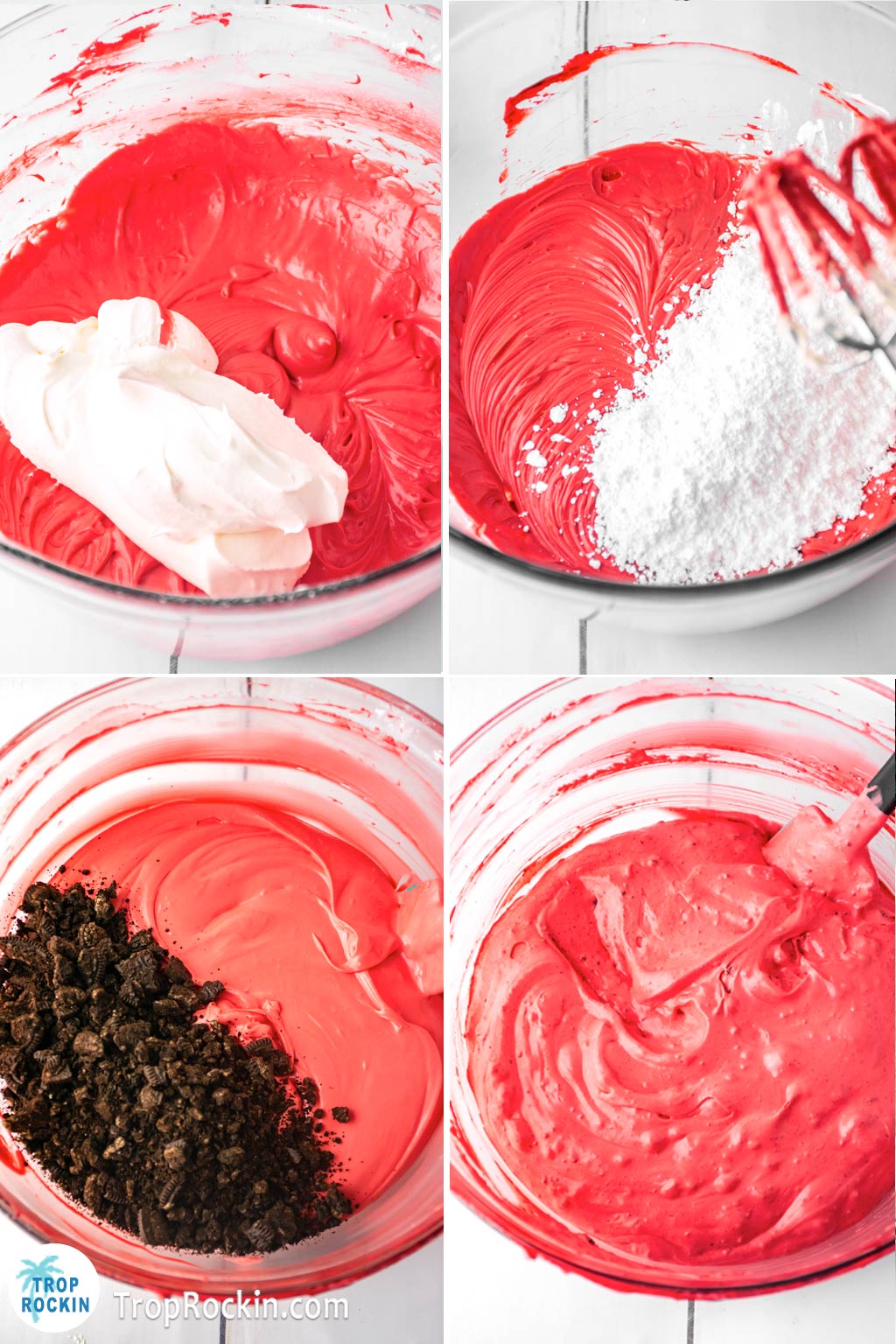 Four picture collage of making the red velvet cream cheese filling. Top left adding whipped cream to the cheesecake mixture. Top right is adding the powdered sugar. Bottom left is adding the Oreo cookie crumbs. Bottom right is all ingredients mixed well together.