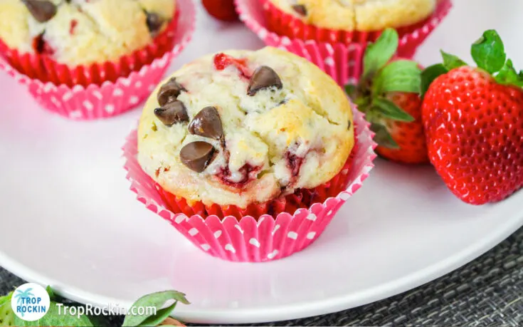 Strawberry Chocolate Chip Muffin in a cupcake liner on a white plate.
