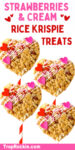 Four Valentine's Day Heart Shaped Rice Krispie Treats with text above with recipe title for sharing to social media.