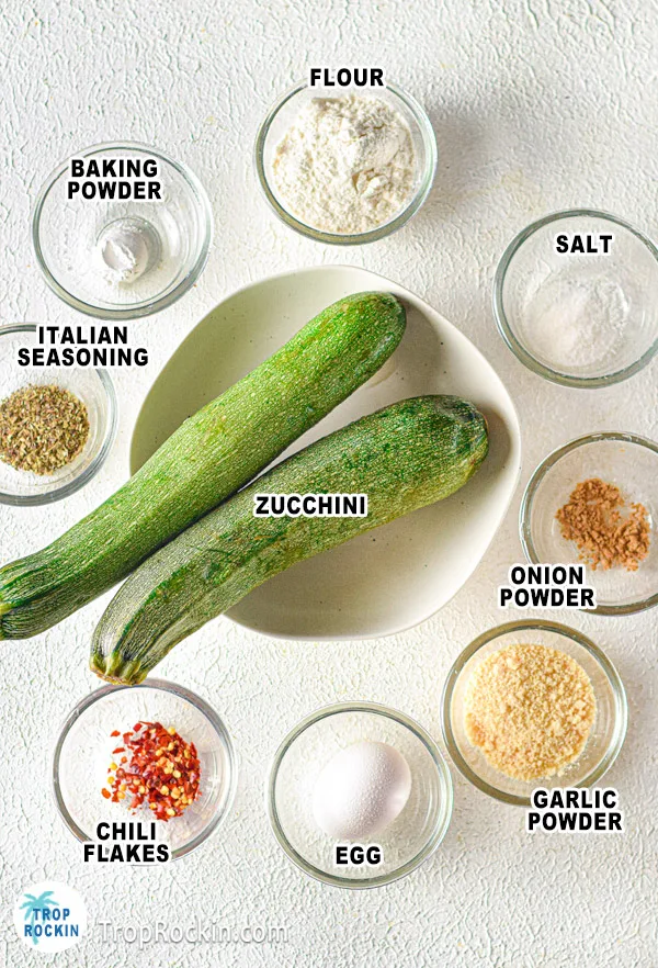 Air Fryer zucchini fritter ingredients displayed on counter top.
