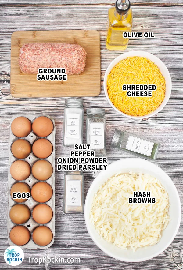 Air fryer egg bites ingredients displayed on table top with text overlay labeling each ingredient.