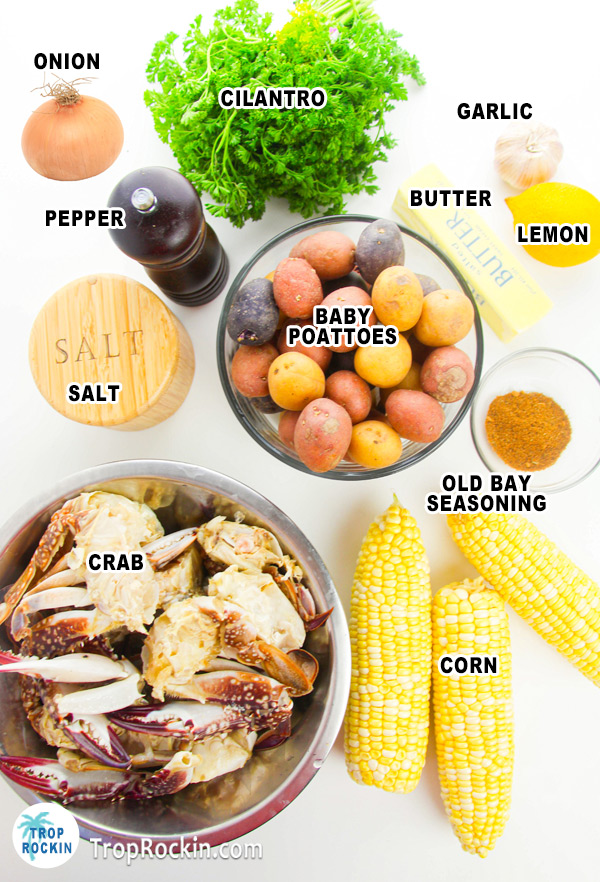 Ingredients for instant pot crab boil and spiced butter sauce displayed on counter top.