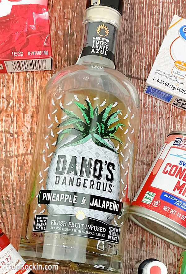 Bottle of Dano's Dangerous Pineapple and Jalapeno Tequila.