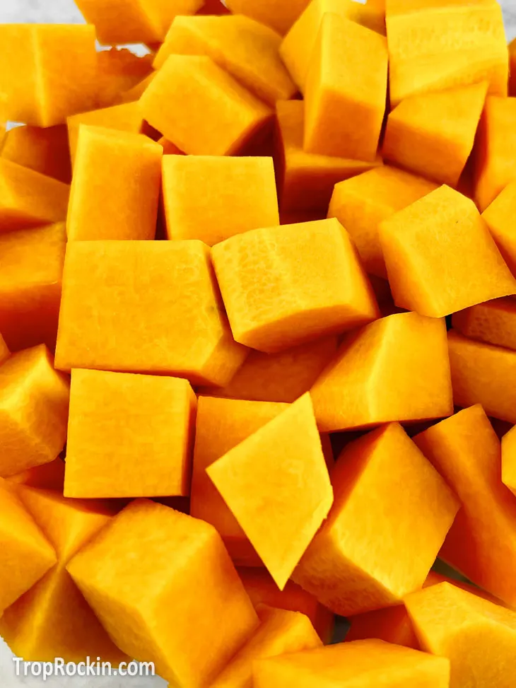Pile of Butternut squash cubed.