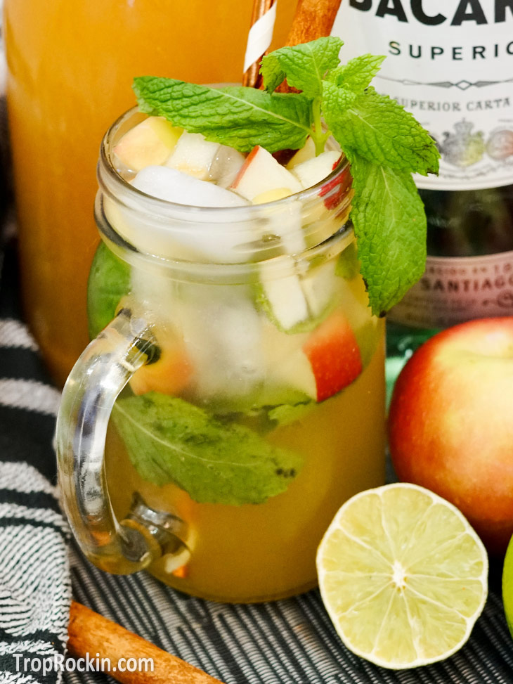 Up close photo of this apple cider mojito in a mason jar with apple chunks and garnished with a sprig of mint leaves.