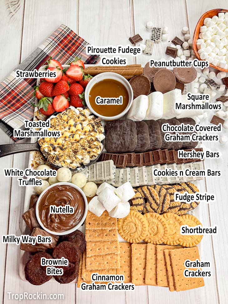 Smores charcuterie board with each ingredient labeled with text overlay.