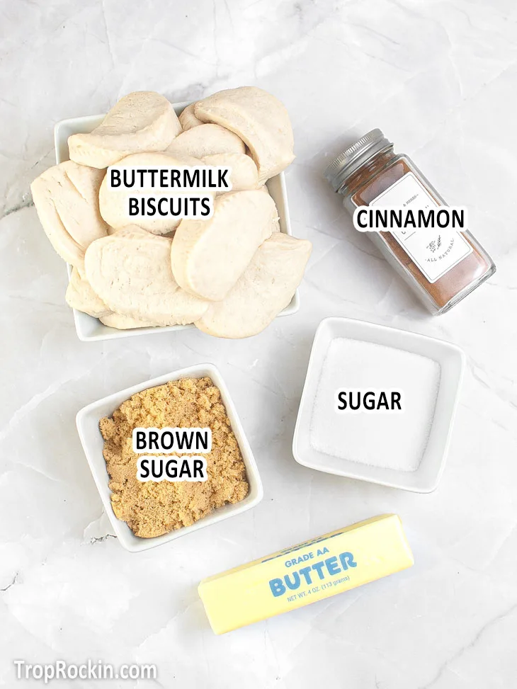 Air fryer monkey bread ingredients displayed on countertop and labeled with text overlay.