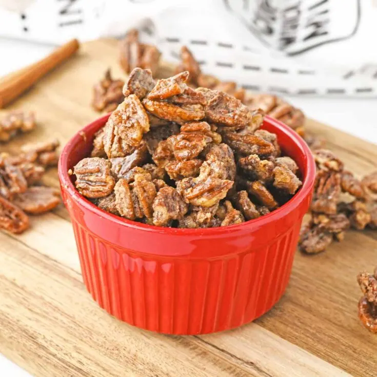 air fryer candied pecans in a bowl.