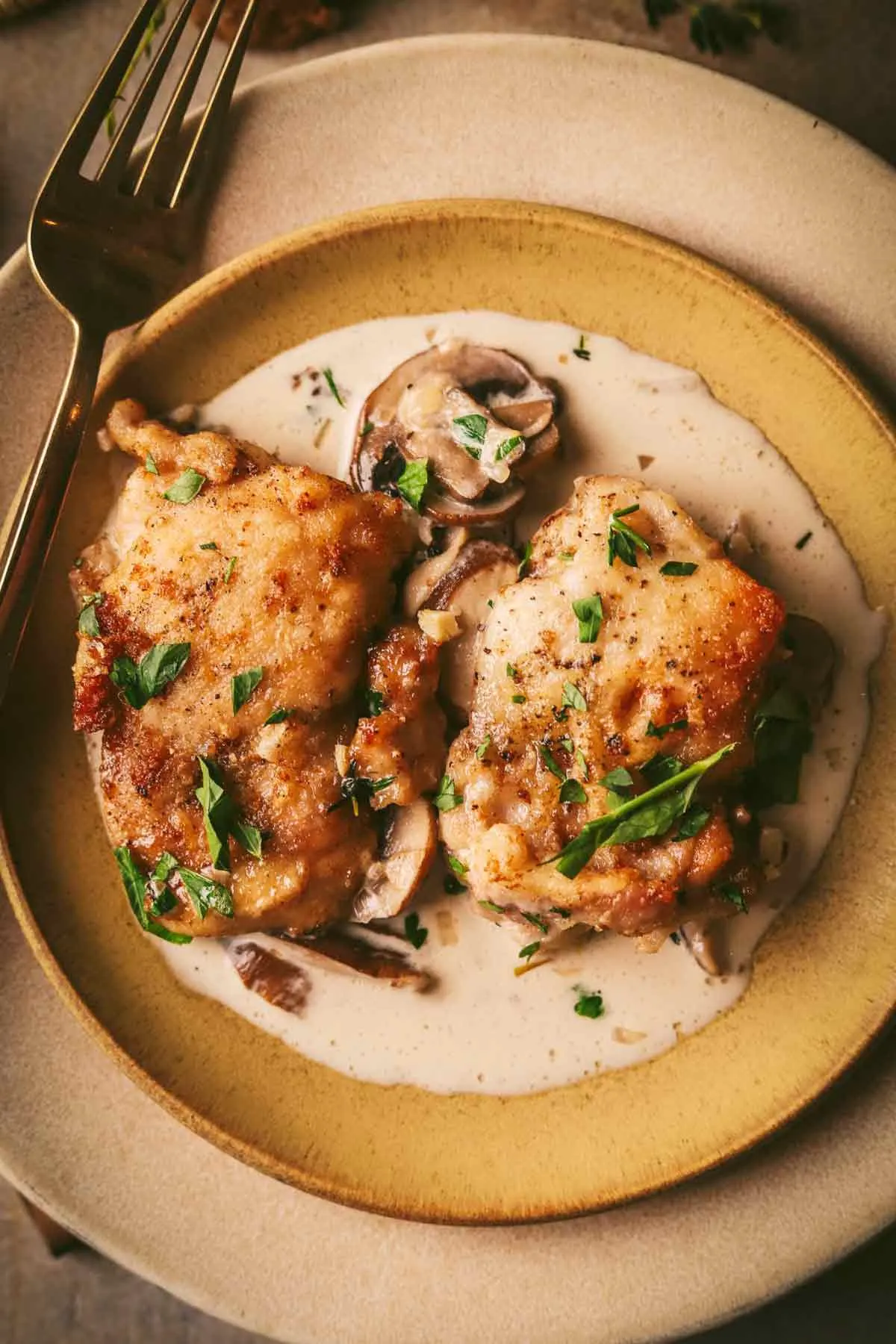 Two champagne chicken thighs on a plate with cream sauce.