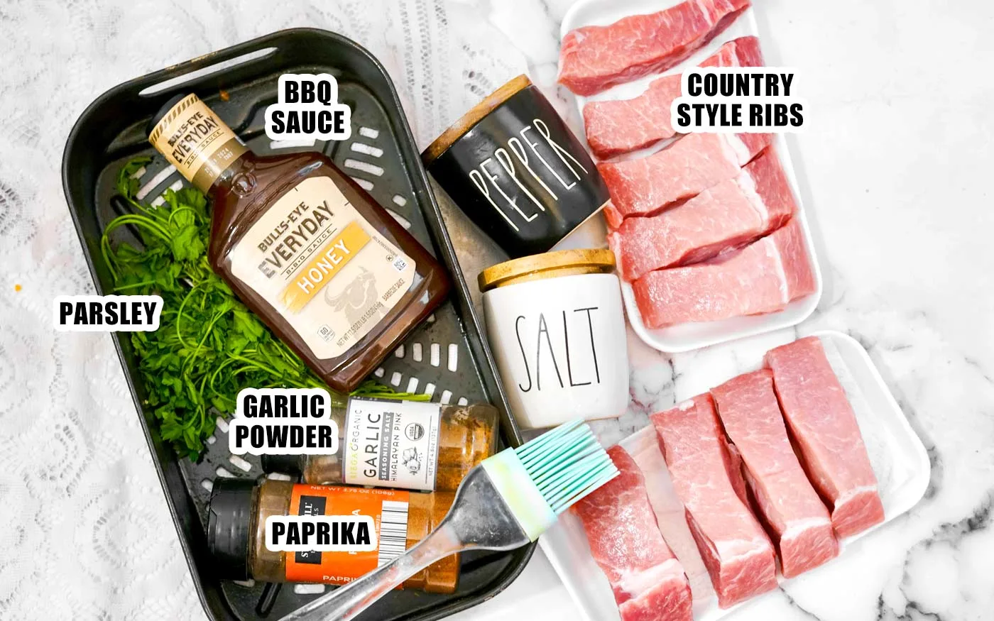 air fryer country style ribs ingredients displayed on counter top.