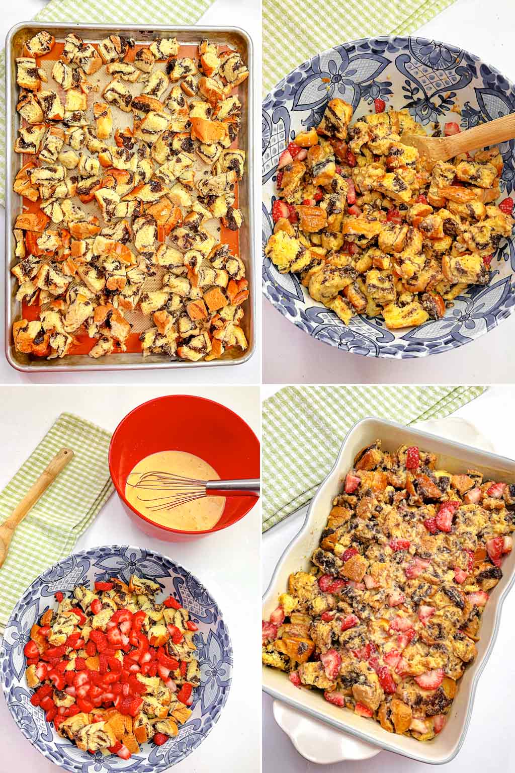 Four collage photo showing how to make strawberry french toast bake.